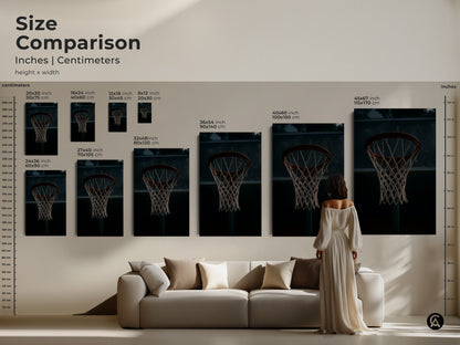 Size comparison of basketball hoop art prints. See how different sizes fit above a couch. Choose from canvas or poster options. Find the ideal scale for your sports wall decor. Enhance your living space with this industrial artwork.