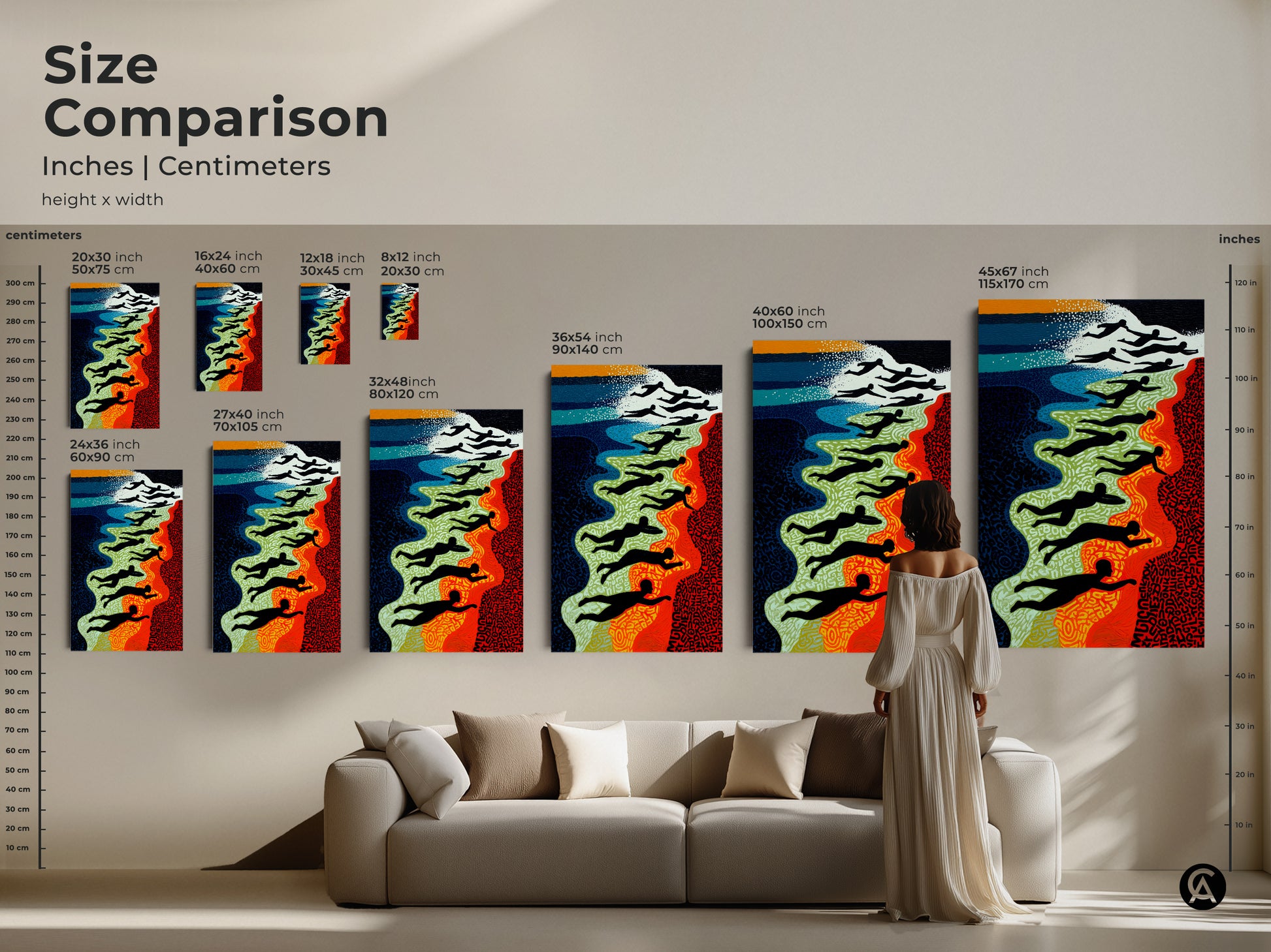 A woman admires the Size Comparison of Abstract Swimmers Wall Art. This modern folk art print adds a coastal touch to the living room. The art work features a palette of red blue and green.