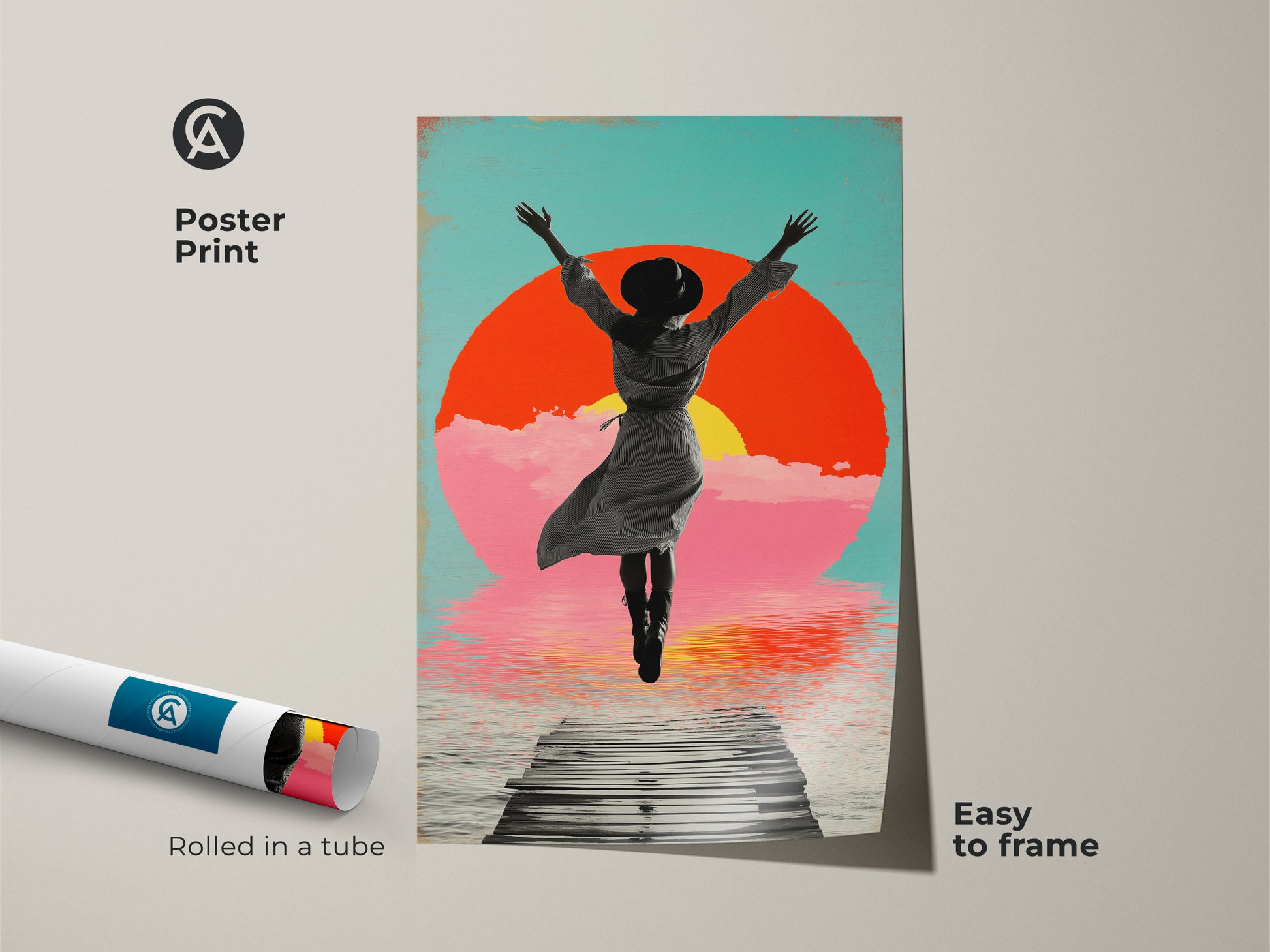 Poster print of retro collage art featuring a woman jumping on a pier toward the sun. This figurative abstract artwork comes rolled in a tube easy to frame. It showcases a boho aqua pink sunset wall decor perfect as a dreamer gift.