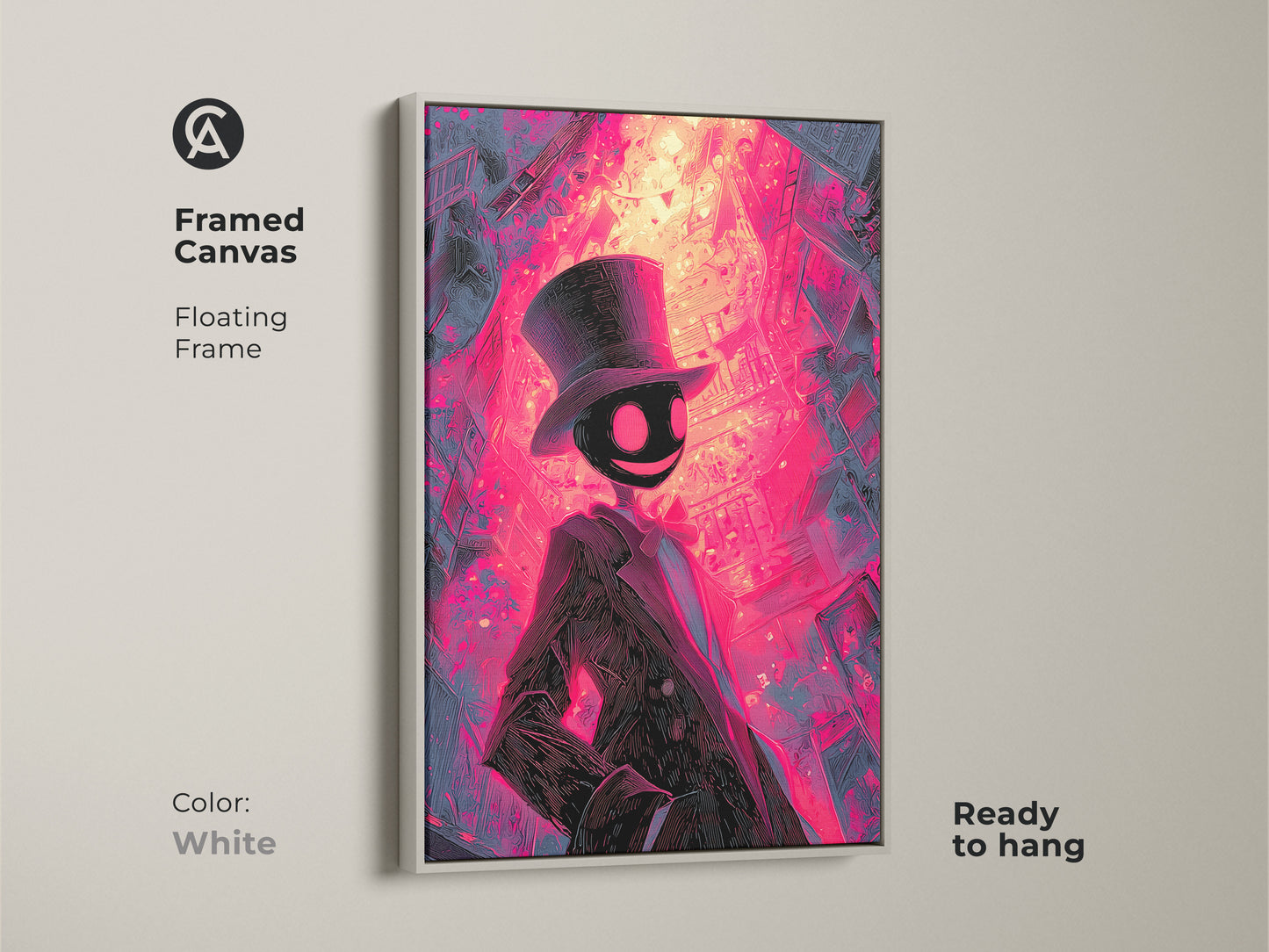 Framed canvas art featuring a figure in a top hat. The background is a cityscape in pink and purple hues. This framed canvas is ready to hang. The white floating frame offers a clean modern aesthetic.