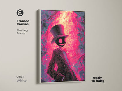 Framed canvas art featuring a figure in a top hat. The background is a cityscape in pink and purple hues. This framed canvas is ready to hang. The white floating frame offers a clean modern aesthetic.