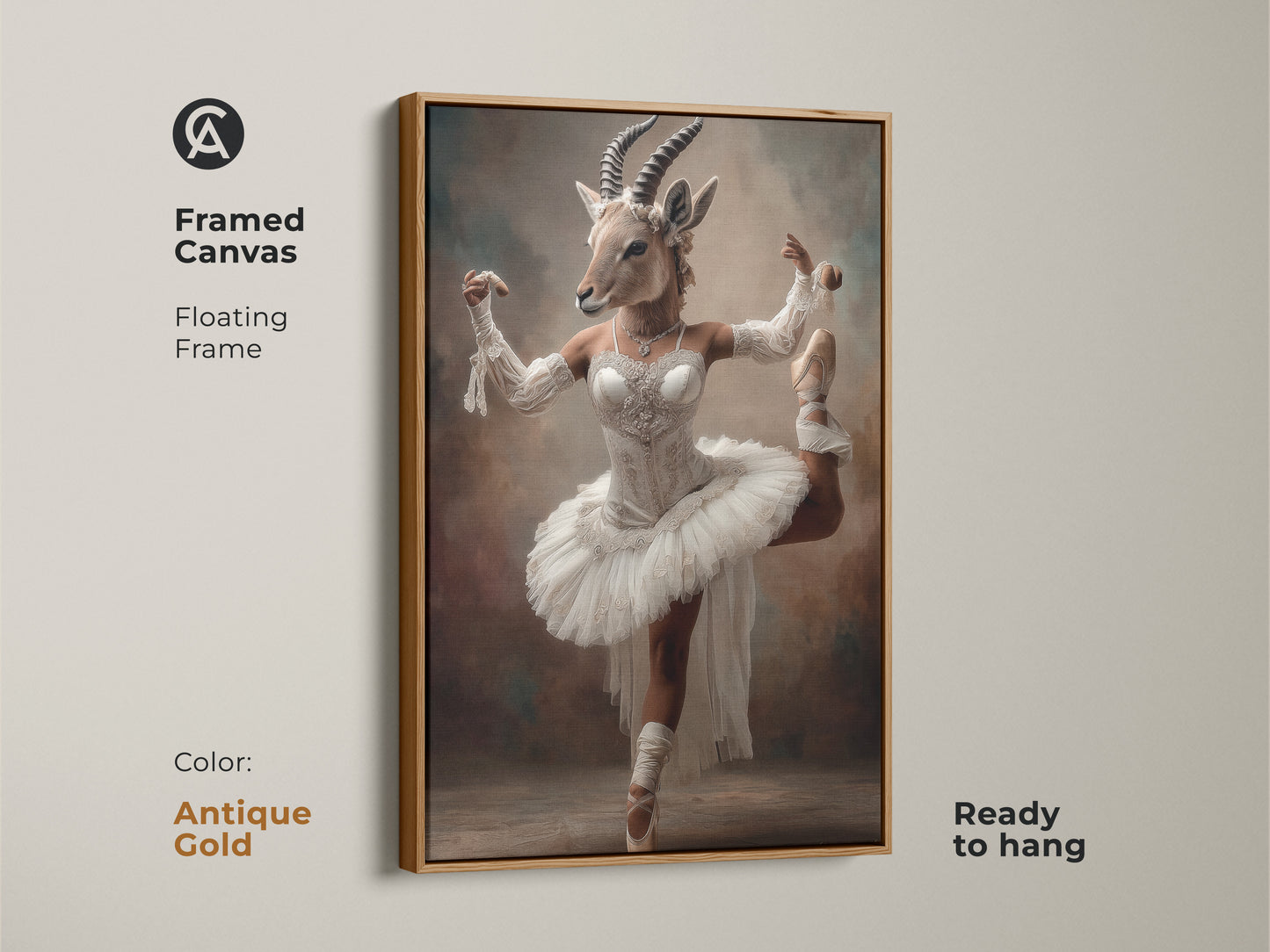 Framed Canvas featuring a ballerina gazelle with an antique gold floating frame. This neutral art is ready to hang. This artwork is ideal for living room. This unique eclectic art is a thoughtful gift for dancers. Cream and brown tones.