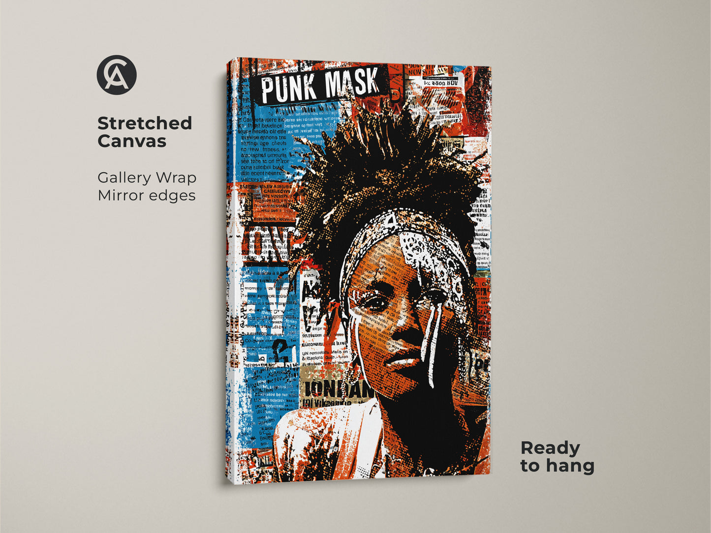 Stretched canvas showcasing a Punk Mask woman portrait art. This urban street art collage features eclectic red blue orange tones. The gallery wrap with mirror edges enhances the artwork. It is ready to hang. This piece brings alternative music decor to your space. Ideal as a unique and bold wall art print.