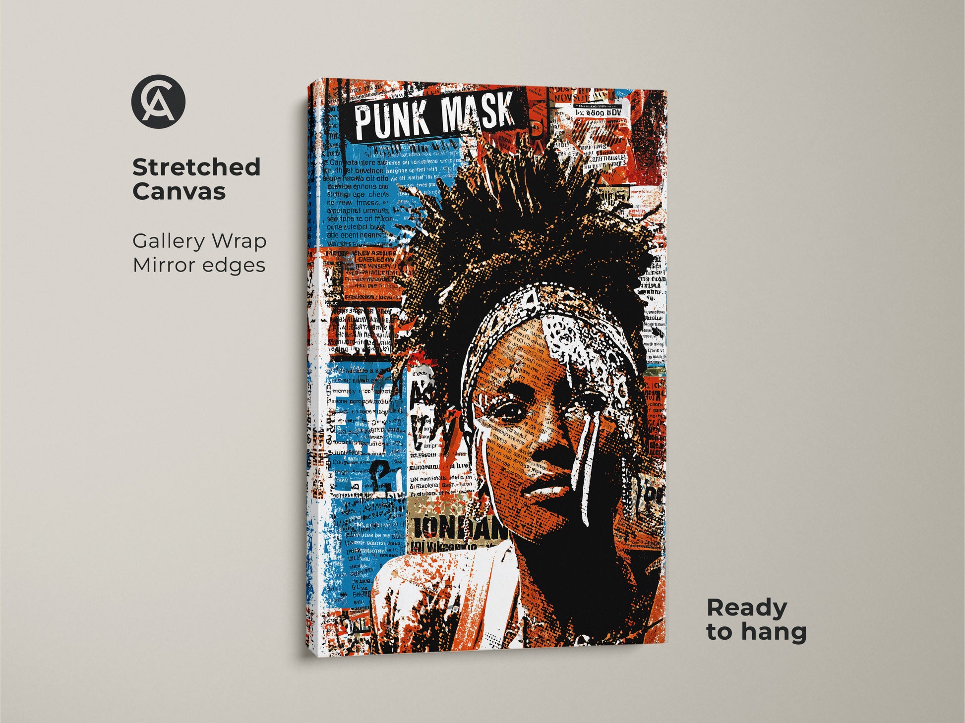 Stretched canvas showcasing a Punk Mask woman portrait art. This urban street art collage features eclectic red blue orange tones. The gallery wrap with mirror edges enhances the artwork. It is ready to hang. This piece brings alternative music decor to your space. Ideal as a unique and bold wall art print.