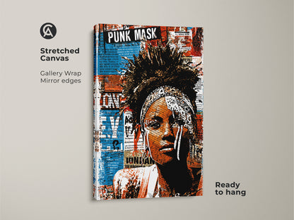 Stretched canvas showcasing a Punk Mask woman portrait art. This urban street art collage features eclectic red blue orange tones. The gallery wrap with mirror edges enhances the artwork. It is ready to hang. This piece brings alternative music decor to your space. Ideal as a unique and bold wall art print.