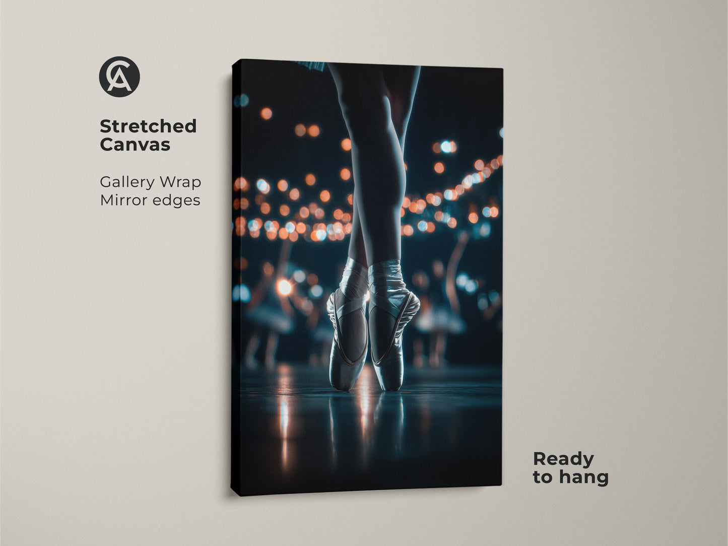 Elevate your space with this stunning stretched canvas art. It depicts a ballerina's feet in pointe shoes on stage. The gallery wrap and mirror edges give it a modern feel. Ready to hang this artwork will enhance any room.