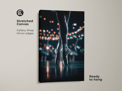 Elevate your space with this stunning stretched canvas art. It depicts a ballerina's feet in pointe shoes on stage. The gallery wrap and mirror edges give it a modern feel. Ready to hang this artwork will enhance any room.