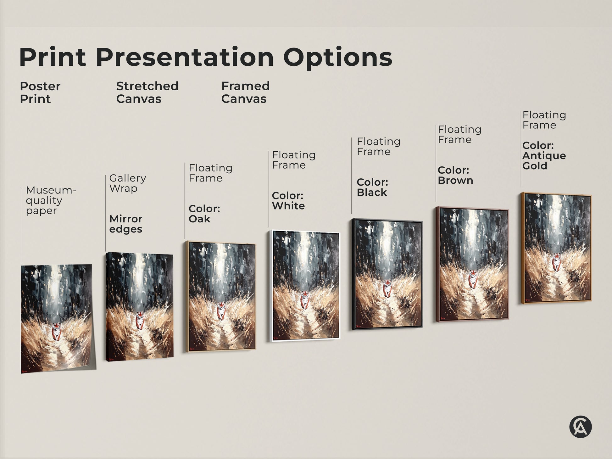 Print Presentation Options with a tiger in forest canvas art print. Different print and frame options are available. Poster print stretched canvas or framed canvas for your home.