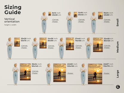 Sizing guide for vertical coastal boho wall art. Available in canvas and poster prints. Sizes range from small 8x12 to large 45x67 inches. Find the perfect size for your space to showcase a woman on swing beach sunset canvas print. Enhance your home decor with this summer vacation beach artwork.