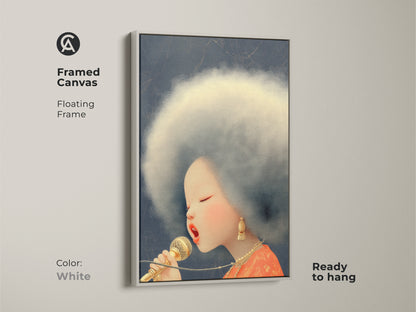 This framed canvas art displays an Afro Singer holding a retro microphone. The pop art portrait print offers an eclectic feel. The white floating frame gives a clean look. A stylish addition to your home decor.