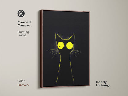 Framed canvas showcasing a black cat with striking yellow eyes and a brown floating frame. Ready to hang this eclectic artwork adds warmth to any room. Perfect for cat lovers this minimalist cat artwork enhances your home decor with a touch of humor and unique pet themed artwork.