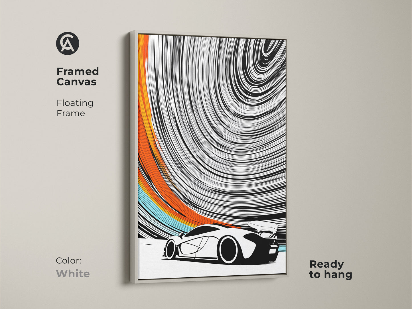 The white framed canvas features a striking abstract sports car. This modern automotive canvas adds sleek sophistication. Ready to hang this framed art complements any interior. Black white orange art brings energy to your walls. The speed swirl art is perfect for car enthusiasts.