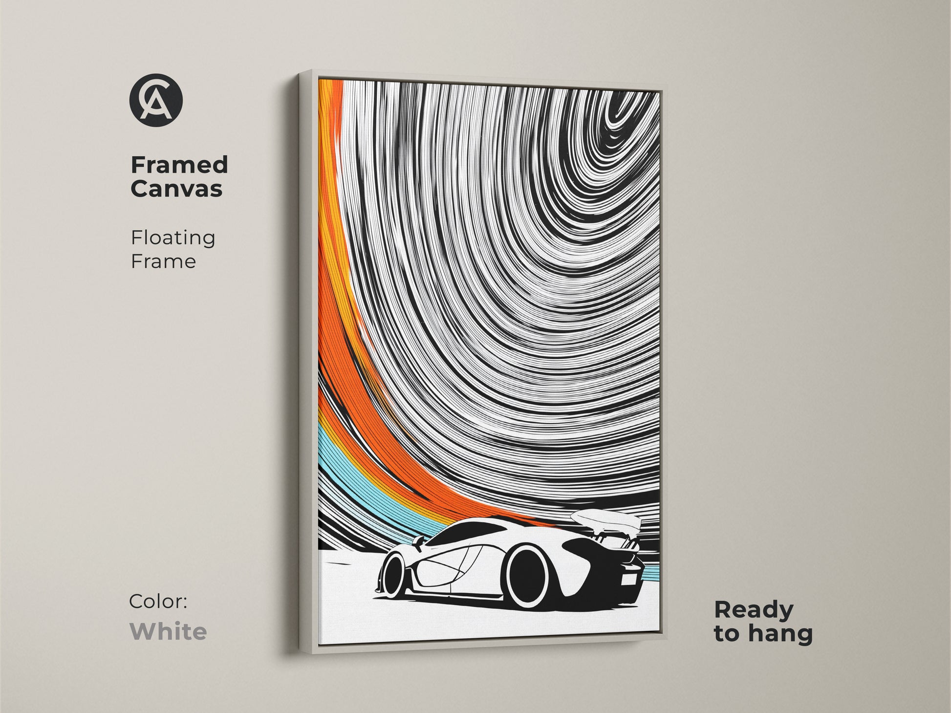 The white framed canvas features a striking abstract sports car. This modern automotive canvas adds sleek sophistication. Ready to hang this framed art complements any interior. Black white orange art brings energy to your walls. The speed swirl art is perfect for car enthusiasts.
