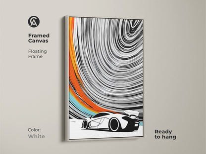 The white framed canvas features a striking abstract sports car. This modern automotive canvas adds sleek sophistication. Ready to hang this framed art complements any interior. Black white orange art brings energy to your walls. The speed swirl art is perfect for car enthusiasts.