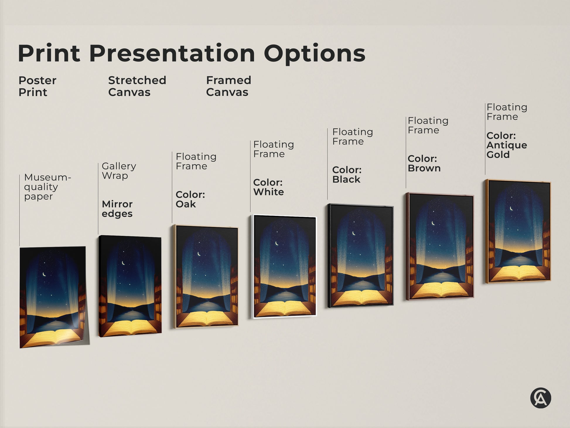 Print presentation options for conceptual open book art. Choose from poster print stretched canvas or framed canvas. Available with various frame colors this surreal artwork suits any decor. Perfect for study rooms and book lovers.