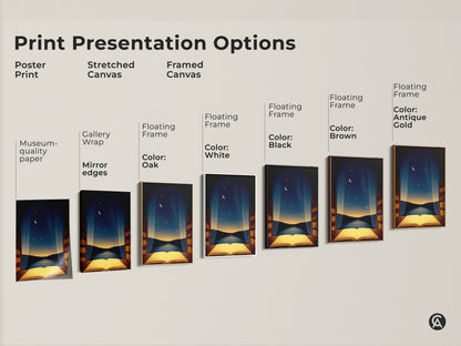 Print presentation options for conceptual open book art. Choose from poster print stretched canvas or framed canvas. Available with various frame colors this surreal artwork suits any decor. Perfect for study rooms and book lovers.