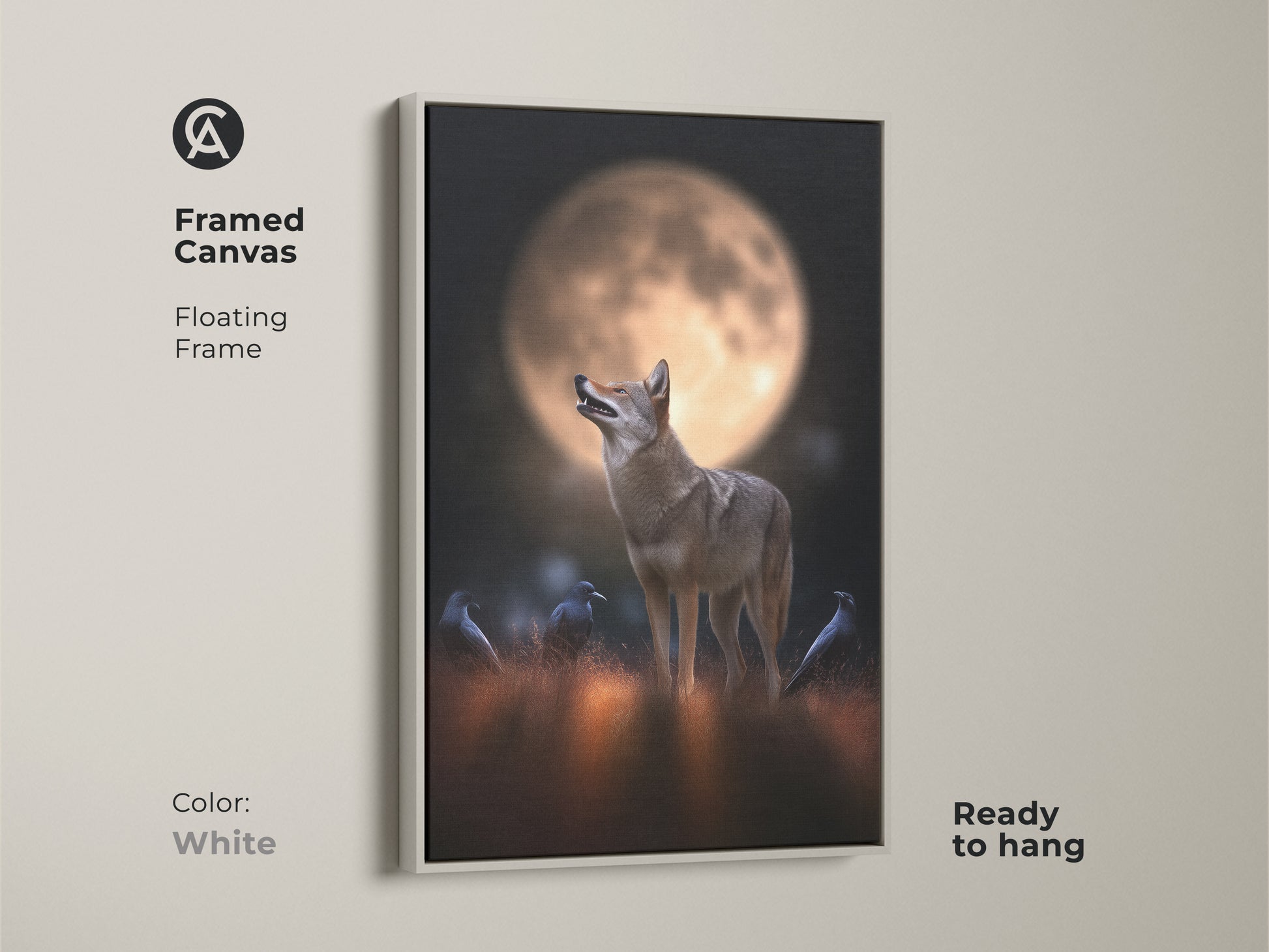 White framed canvas art shows a coyote and crows under a full moon. The floating frame enhances the rustic artwork. Ready to hang this wildlife print is perfect for animal lovers. The golden orange hues and dark details add charm to any room.