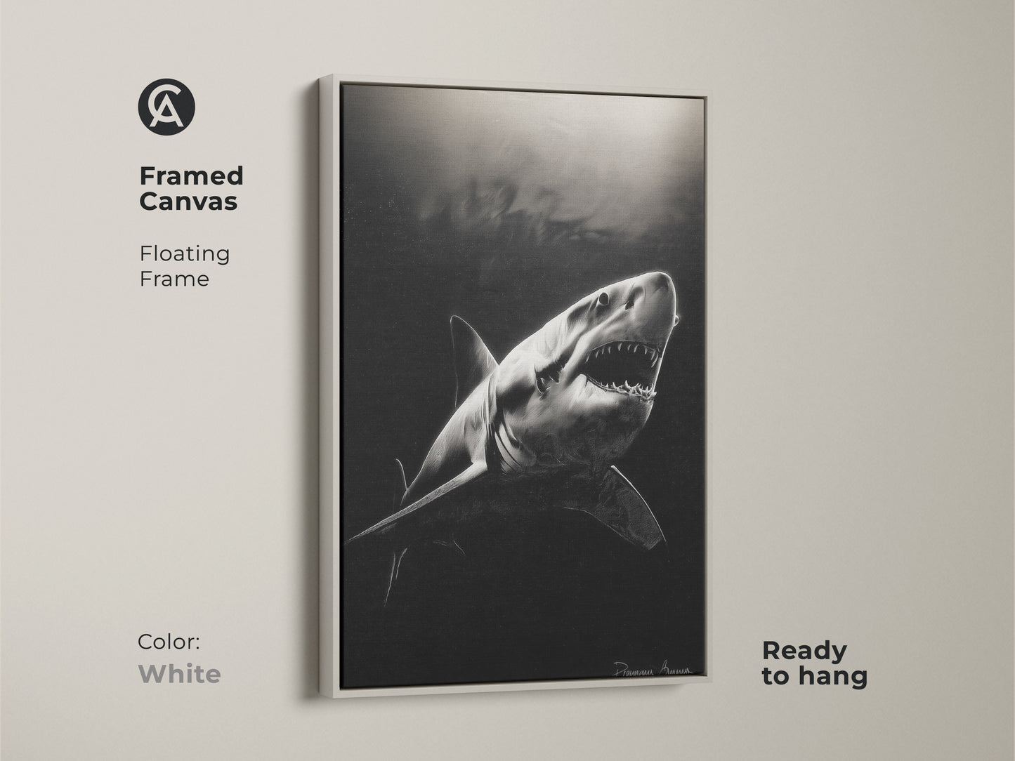 A white floating frame displays a monochrome Great White Shark canvas. Ready to hang this framed canvas is ideal for modern home decor. Contemporary animal artwork adds a dramatic touch to any room. This photorealistic shark poster is a unique gift for marine wildlife admirers.