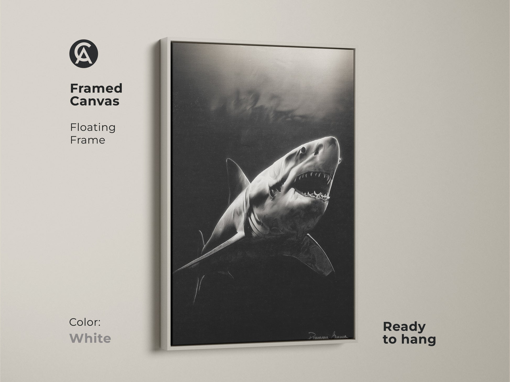 A white floating frame displays a monochrome Great White Shark canvas. Ready to hang this framed canvas is ideal for modern home decor. Contemporary animal artwork adds a dramatic touch to any room. This photorealistic shark poster is a unique gift for marine wildlife admirers.