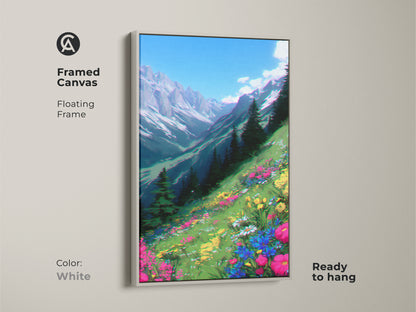 Framed canvas features an anime-style mountain landscape with a wildflower field. A white floating frame enhances this vibrant nature wall decor. Ready to hang in your bedroom. This boho artwork makes a great gift.