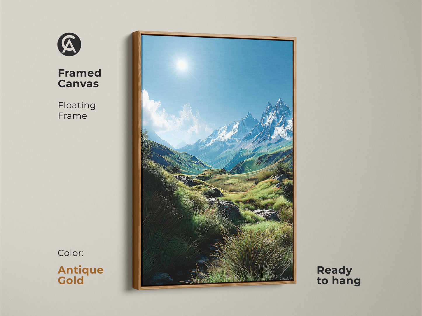 Framed canvas art featuring a stunning mountain landscape with an antique gold floating frame. The frame adds a touch of vintage elegance. This ready-to-hang piece is perfect for any room. Elevate your decor with this unique mountain art print.