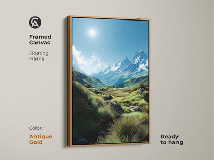 Framed canvas art featuring a stunning mountain landscape with an antique gold floating frame. The frame adds a touch of vintage elegance. This ready-to-hang piece is perfect for any room. Elevate your decor with this unique mountain art print.