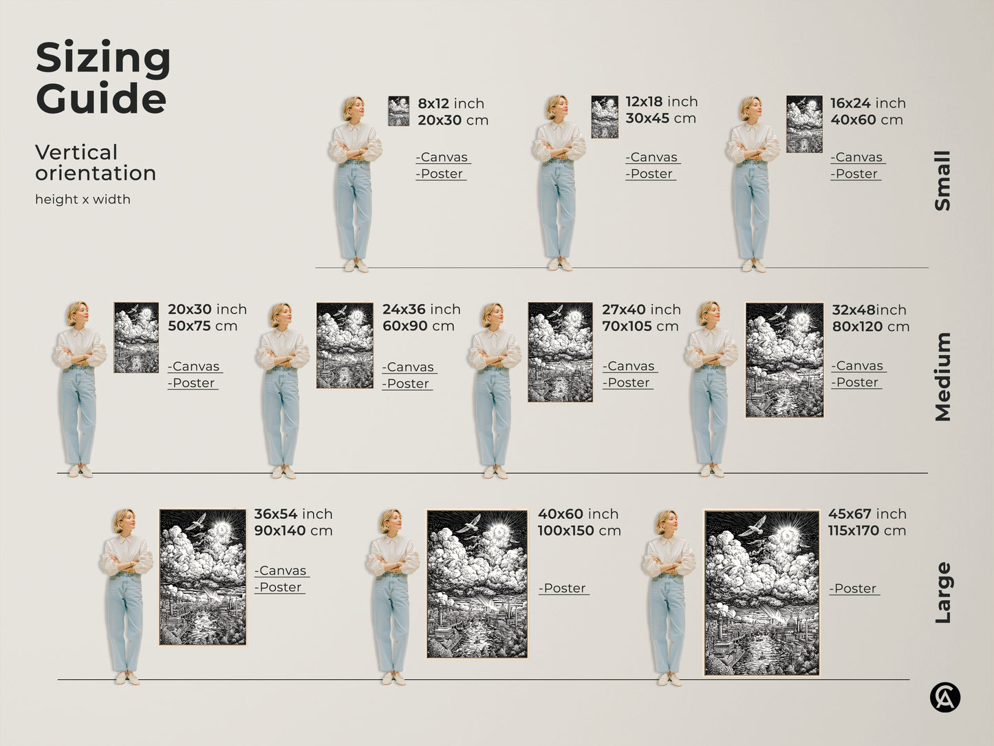 Sizing guide for vertical orientation art prints. See how the monochrome London cityscape artwork looks in various sizes. Options include canvas and poster prints. Find the perfect size to enhance your space with this detailed artwork.