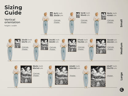 Sizing guide for vertical orientation art prints. See how the monochrome London cityscape artwork looks in various sizes. Options include canvas and poster prints. Find the perfect size to enhance your space with this detailed artwork.