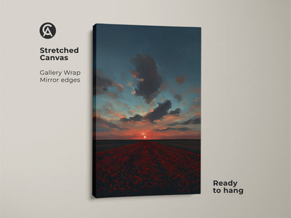 This stretched canvas features a poppy field sunset with a crimson sky and teal accents. The gallery wrap and mirror edges enhance its contemporary appeal. Ready to hang it instantly adds a touch of nature-inspired beauty to your living room or bedroom wall decor.