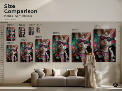 Size comparison of punk rock bunny art prints. See different canvas and poster sizes in a living room setting. Choose the best fit for your wall. A perfect edgy animal wall decor for teen rooms or man caves. This unique graffiti art print is a great gift idea