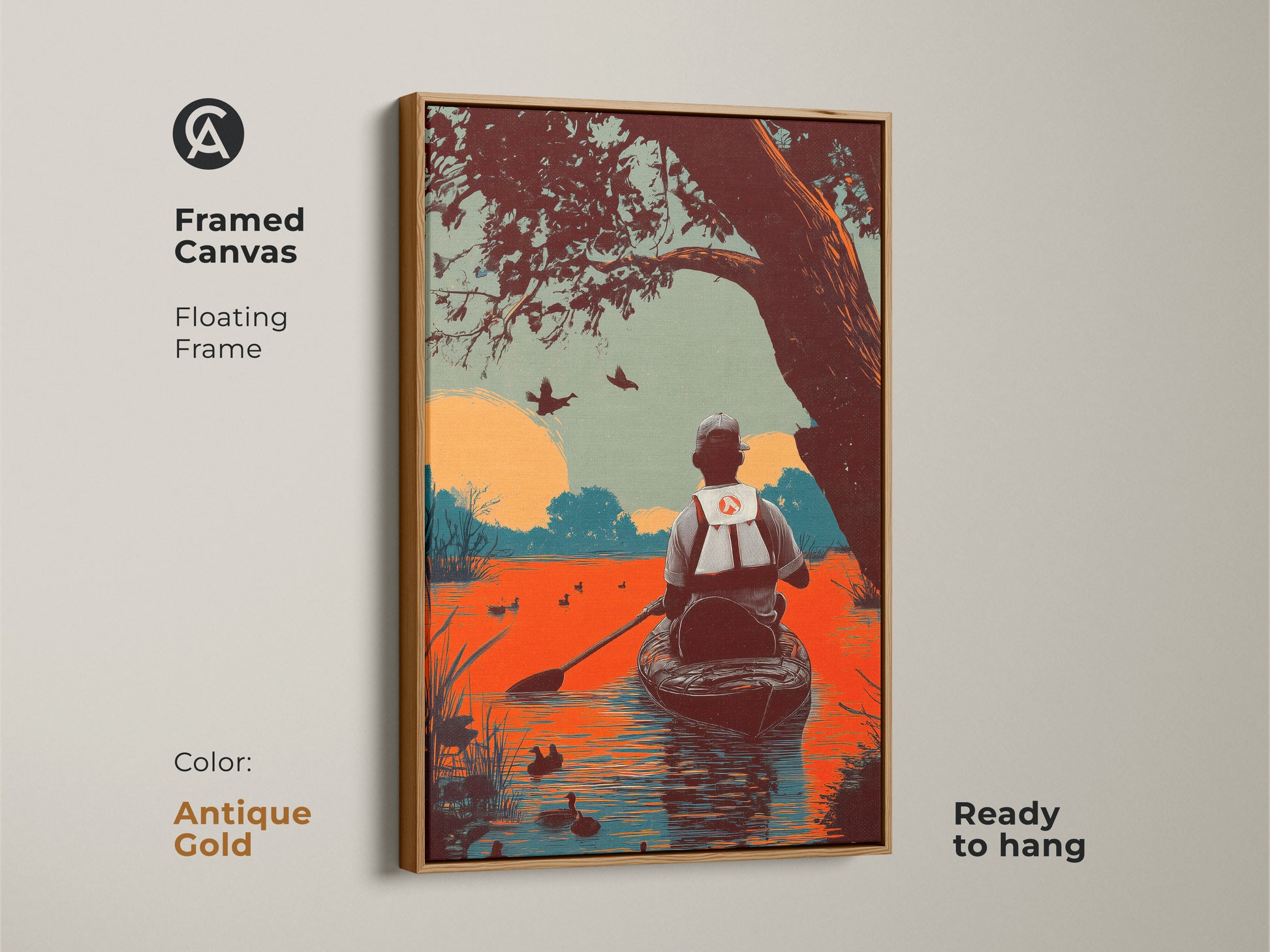Framed canvas art featuring a duck hunter in a canoe. This floating frame has an antique gold finish giving it a vintage look. This wildlife wall art in rustic orange teal is ready to hang. It’s a unique gift for Father's Day.