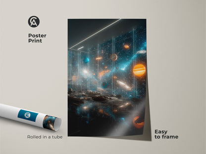 Poster print of stunning space art. The artwork displays a vibrant solar system featuring planets stars and cosmic dust. This museum-quality paper print is easy to frame. A great way to bring the beauty of the cosmos into your home or office space.