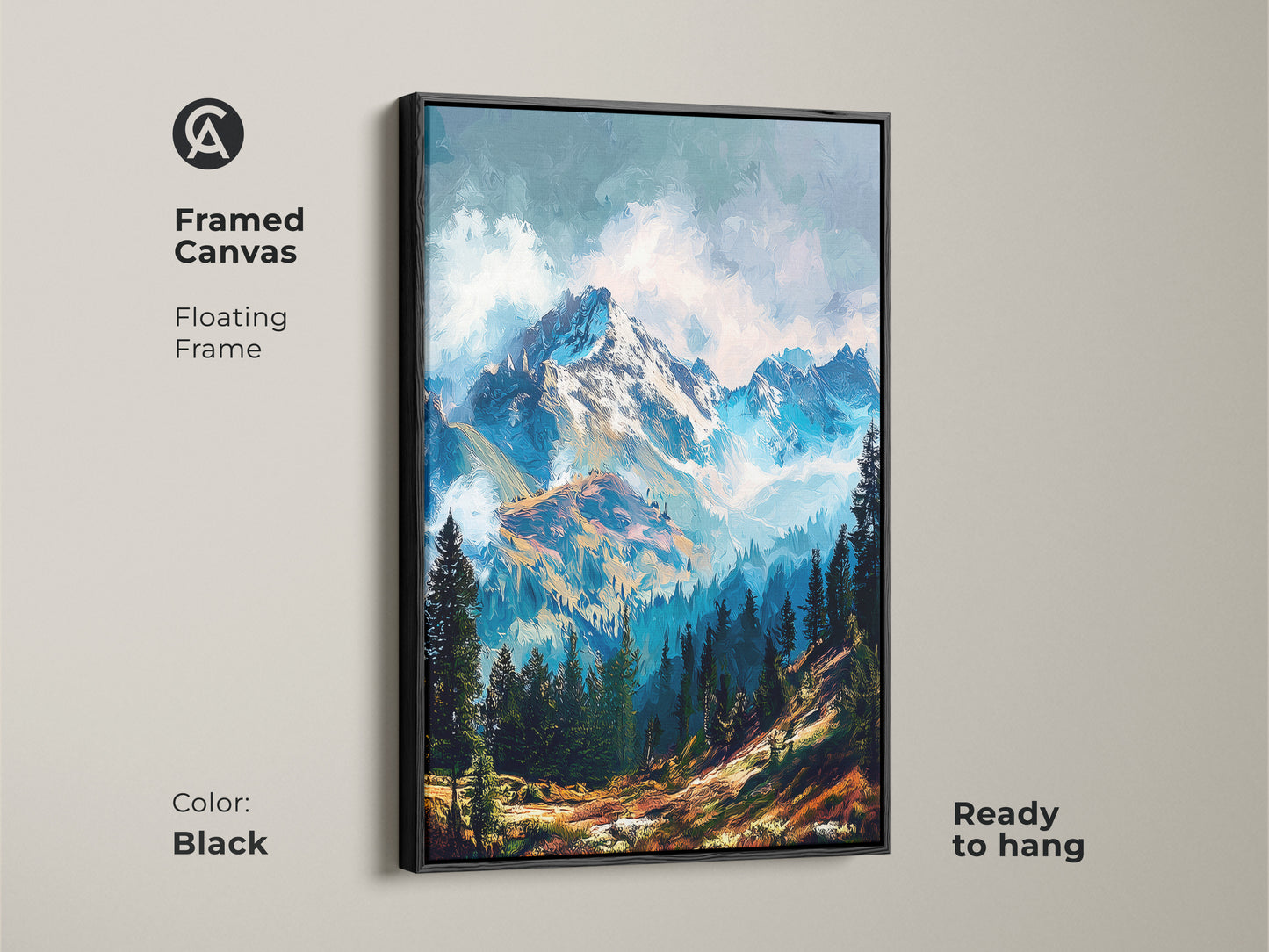 Enhance your living space with this framed canvas mountain artwork in black. The floating frame adds a touch of elegance. The artwork features a beautiful mountain scene. It arrives ready to hang and admire.