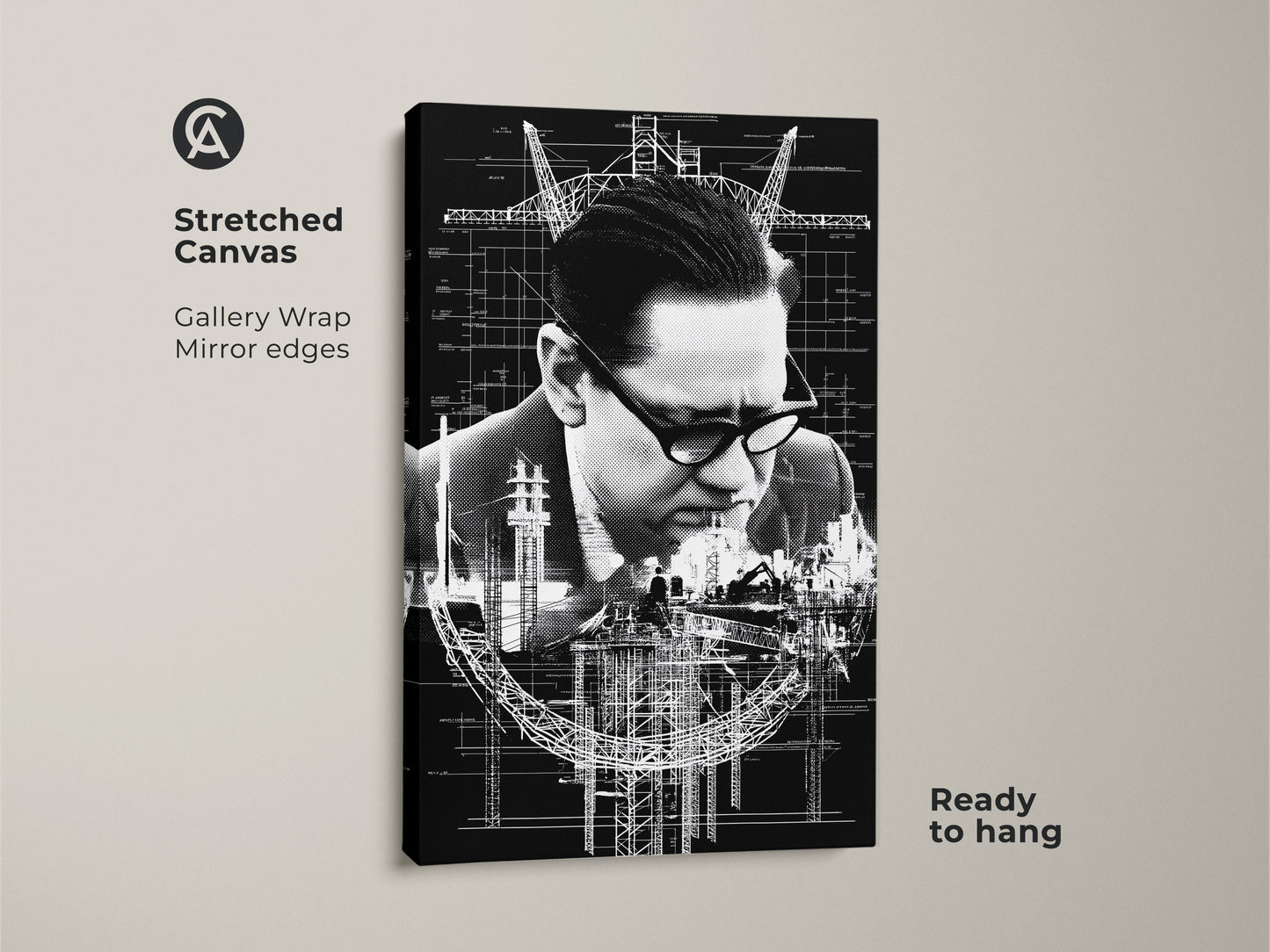 A stretched canvas shows industrial blueprint artwork. Gallery wrapped edges create a modern look for the engineering art. Ready to hang monochrome construction print. This unique architect gift is perfect office wall decor.