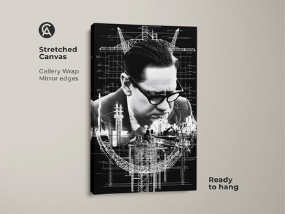 A stretched canvas shows industrial blueprint artwork. Gallery wrapped edges create a modern look for the engineering art. Ready to hang monochrome construction print. This unique architect gift is perfect office wall decor.