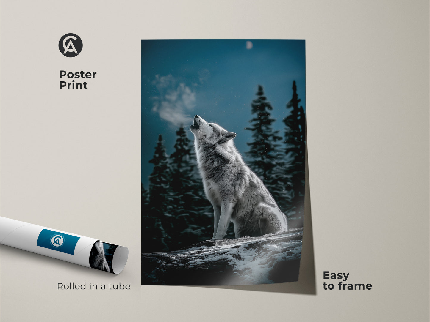 Poster print featuring a wolf howling in a winter forest. This rustic wildlife print is easy to frame. Rolled in a tube for protection. The gray blue animal art captures a serene nature landscape. Great moonlit wolf artwork for nature lovers.
