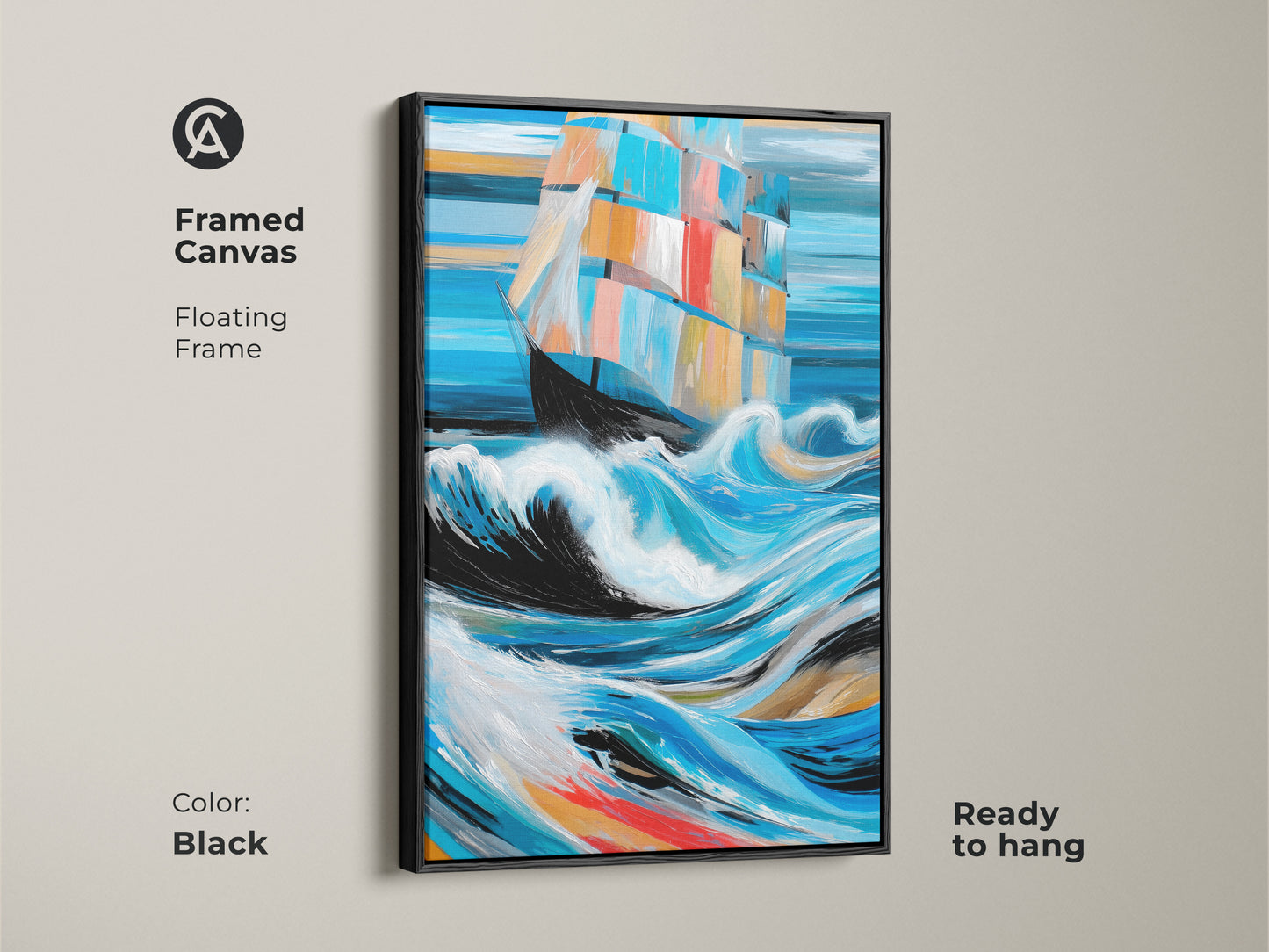 This framed canvas shows an abstract nautical ship in blue aqua and orange. The floating frame adds elegance to this coastal artwork. Ready to hang featuring a sailboat. Perfect for nautical themed decor.