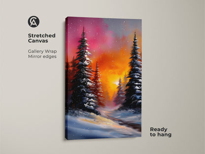 Stretched canvas print of a snowy pine tree artwork. Features a gallery wrap with mirror edges and is ready to hang. The rustic landscape painting has an orange and pink sunset sky. Perfect cold weather art.