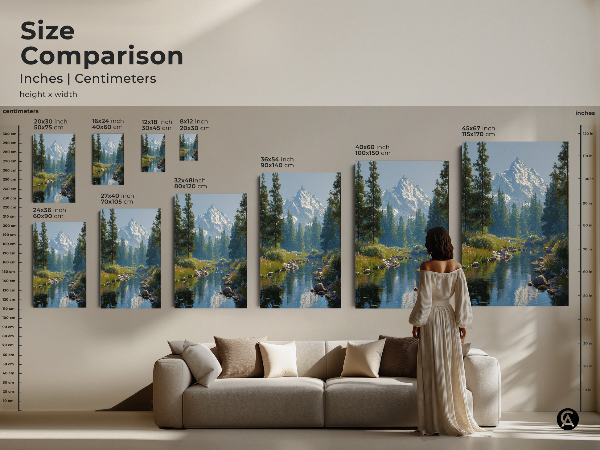 Size comparison of mountain river landscape art prints. See how different sizes fit in a living room setting. Ranging from small 8x12 inch to large 45x67 inch prints. Visualize the impact of this realistic nature artwork on your home decor. Choose the perfect size for your space.