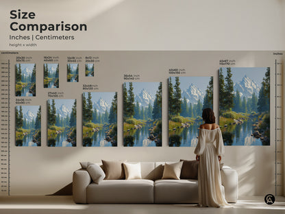 Size comparison of mountain river landscape art prints. See how different sizes fit in a living room setting. Ranging from small 8x12 inch to large 45x67 inch prints. Visualize the impact of this realistic nature artwork on your home decor. Choose the perfect size for your space.