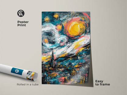 Elevate your space with this easy-to-frame poster print. Showcasing a contemporary interpretation of Van Gogh's Starry Night. Rolled in a protective tube for safe delivery. Ideal for adding an art to any room.