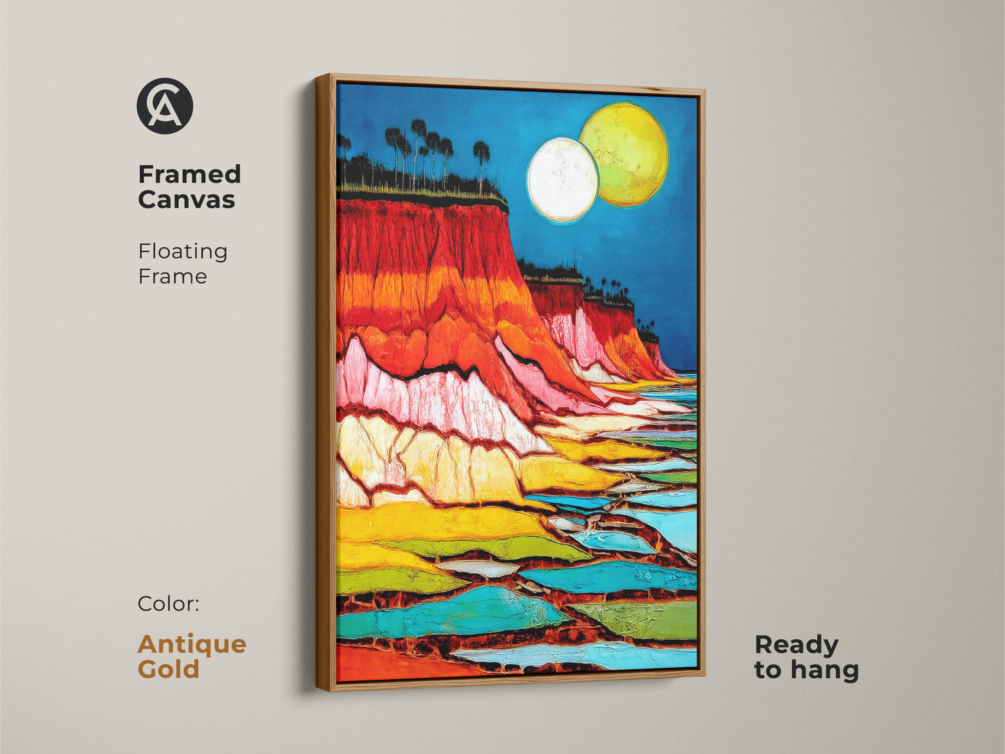 Framed abstract cliff art print featuring a moon over a landscape canvas. Ready to hang with an antique gold floating frame. Crimson and azure hues provide visual richness. The nature abstract artwork makes eclectic travel decor. Gift a housewarming present. It enhances any space with artistic flair.