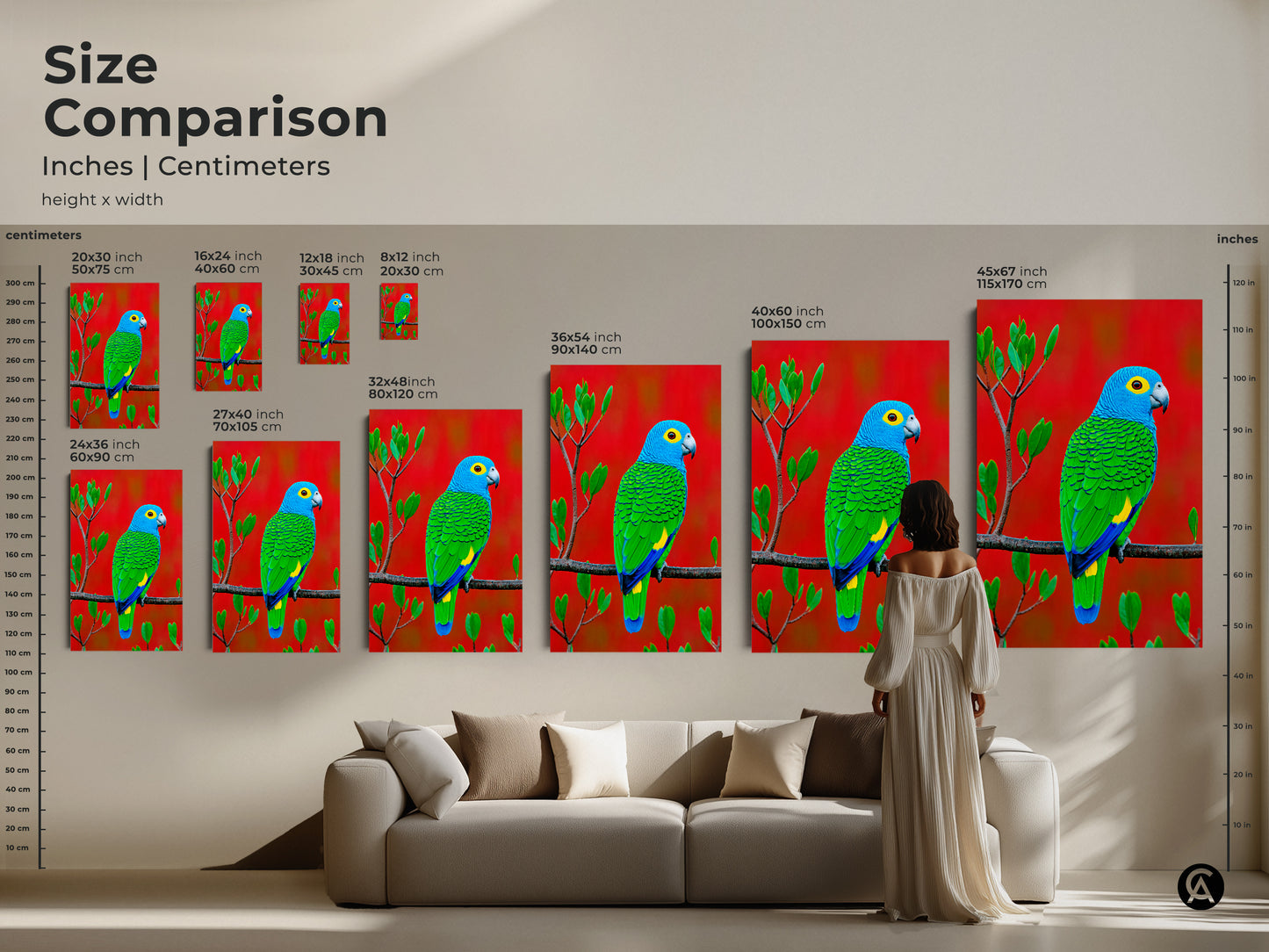 Compare sizes of this vibrant parrot artwork to transform your space. Visualize how the blue green parrot canvas fits above your couch. This is perfect for adding a touch of nature and colorful eclectic charm to your home.