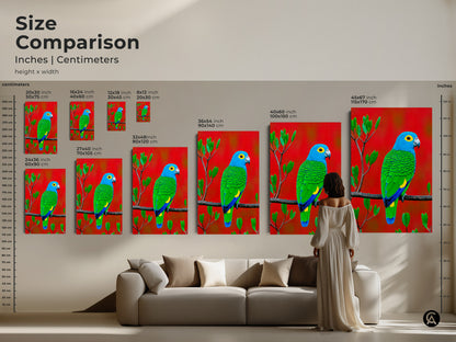 Compare sizes of this vibrant parrot artwork to transform your space. Visualize how the blue green parrot canvas fits above your couch. This is perfect for adding a touch of nature and colorful eclectic charm to your home.