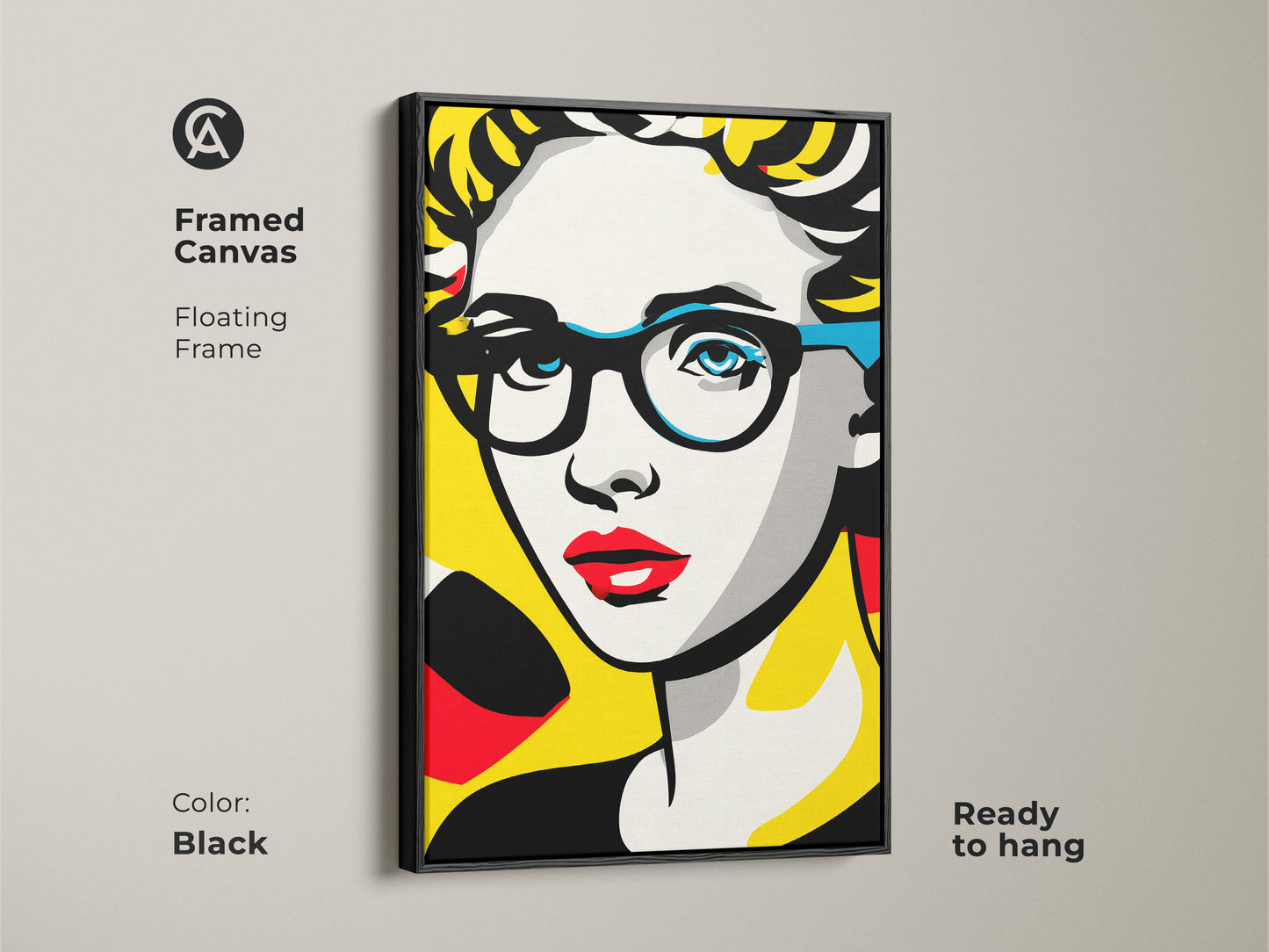 Framed canvas featuring a pop art woman with glasses. The floating frame is black. This framed canvas is ready to hang adding a touch of modern artwork to any space.