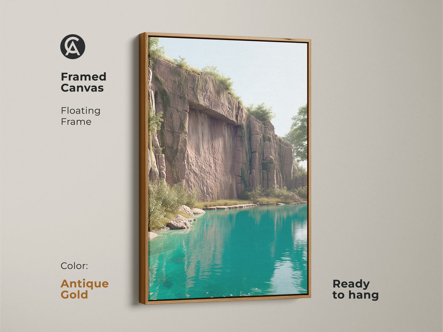 Framed canvas art in an antique gold floating frame displaying a teal lake and cliff. The turquoise water and natural rock formations create a serene scene. This contemporary artwork is ready to hang. It adds elegance to any room and is perfect for modern home decor.