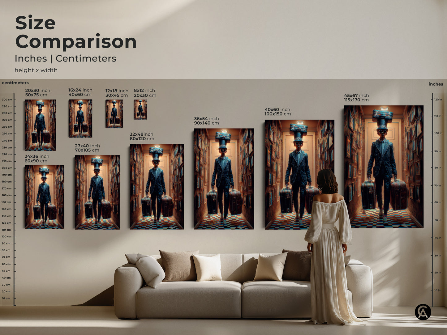 Size Comparison of Surreal Steampunk Man Art Prints. Inches and centimeters are shown. The artwork features a man with suitcases. See how different sizes fit above a couch. Find the perfect scale for your space with this eclectic travel artwork.