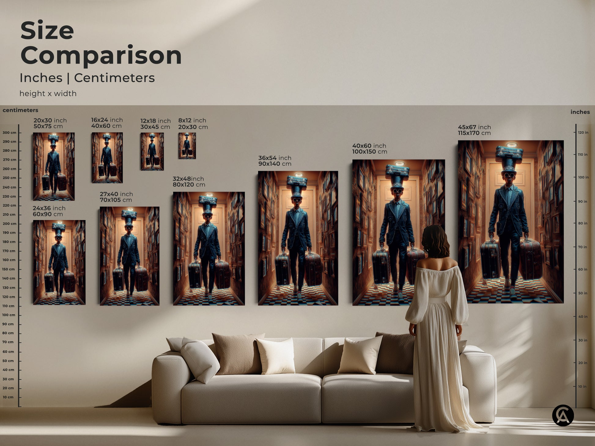 Size Comparison of Surreal Steampunk Man Art Prints. Inches and centimeters are shown. The artwork features a man with suitcases. See how different sizes fit above a couch. Find the perfect scale for your space with this eclectic travel artwork.