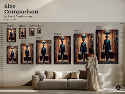 Size Comparison of Surreal Steampunk Man Art Prints. Inches and centimeters are shown. The artwork features a man with suitcases. See how different sizes fit above a couch. Find the perfect scale for your space with this eclectic travel artwork.