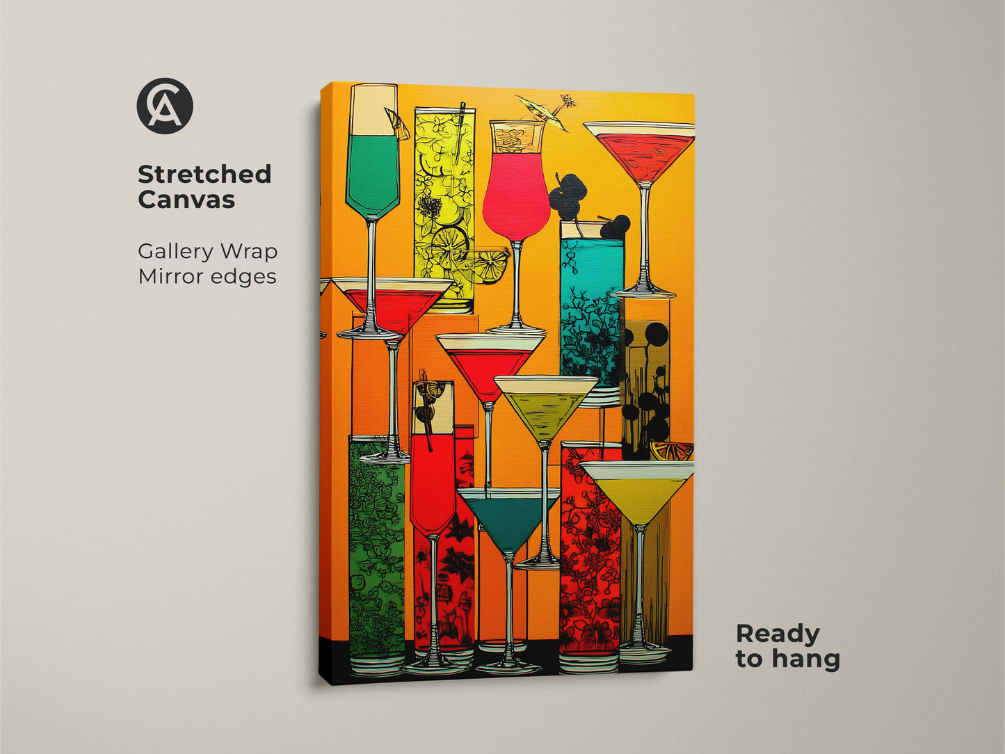 A stretched canvas features a retro cocktail artwork. It has gallery wrap mirror edges and is ready to hang. The modern folk art drink print showcases eclectic bar area decor. This piece has orange yellow and red tones. It's perfect for a vibrant cocktail painting.